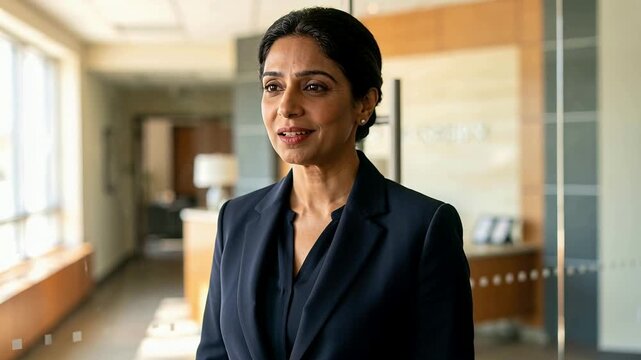 Gripping woman in navy blazer opening glass door to enter reception with steel handle, copy space