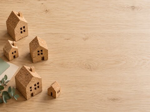 Cork architectural house models top view flat lay background