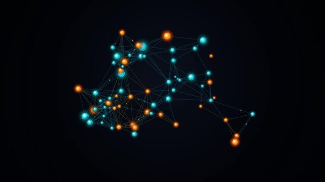 A dynamic digital cluster of glowing cyan and orange spherical nodes linked by thin lines against a dark background, creating a high-tech data visualization effect with ambient lighting.