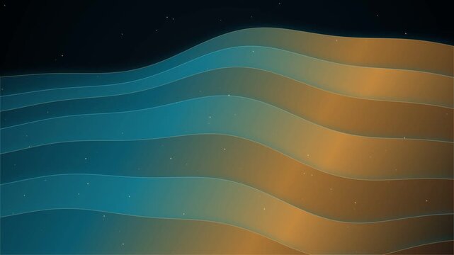 Smooth layered wave lines feature a vibrant teal and warm orange gradient transition, accented by subtle glowing particle dust and soft atmospheric illumination.