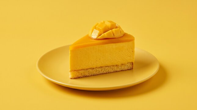 A slice of smooth yellow mango mousse cake topped with diced fresh mango cubes on a yellow plate.