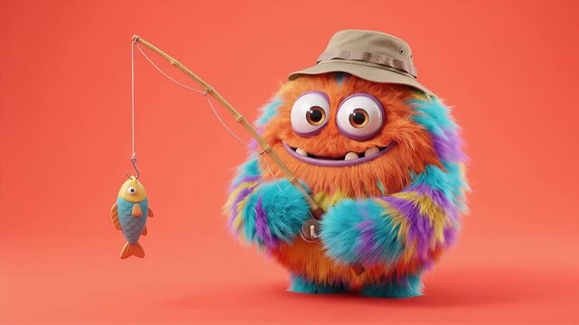 Colorful fluffy monster fishing with a rod and reel. Cartoon character learning to fish. Funny fantasy creature. Playful children?s entertainment and family fun.