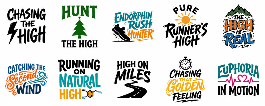 Collection of ten motivational running quotes with artistic lettering and icons, focusing on the endorphin rush and runner's high experience.