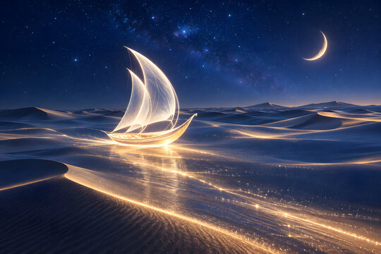 Glowing Light Boat Sailing Across Sea Of Moonlit Desert Dunes