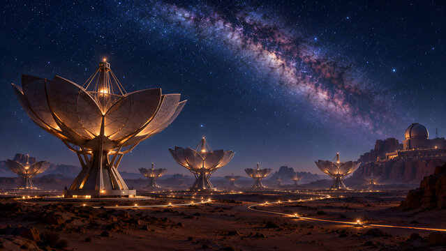 Lotus Shaped Radio Telescopes Under Milky Way In Futuristic Egyptian Desert