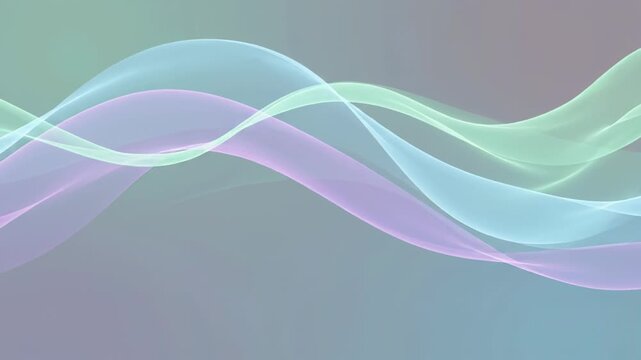 Abstract pastel wave animation with translucent flowing ribbons in mint, blue and lavender tones. Soft gradient background, elegant motion graphics and calming digital backdrop