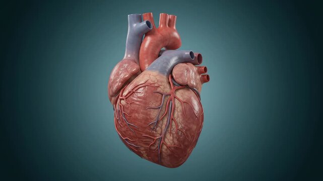 Anatomical human heart with visible arteries and veins on teal background. Medical education concept of cardiovascular system, cardiac health and biology