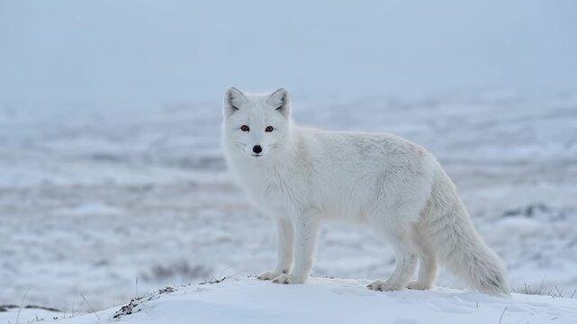 Arctic fox standing alert on snowy tundra in winter, looking across frozen wilderness. Wildlife adaptation and survival in cold polar habitat