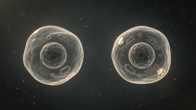 cell undergoing mitosis and cytokinesis, dividing into two daughter cells against dark microscopic background. Biology animation about cellular reproduction and growth