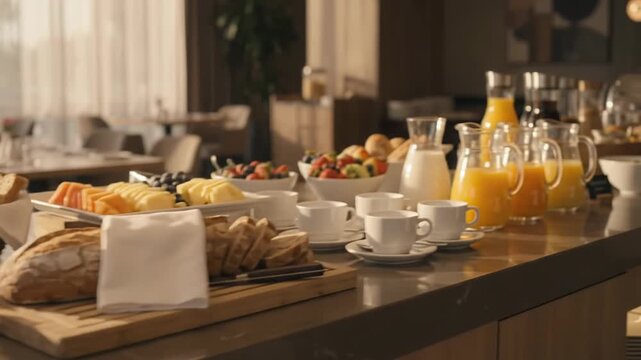 Hotel breakfast buffet with golden croissants, fresh fruit, pastries, coffee cups and orange juice on dining table. Morning meal spread, hospitality and restaurant dining