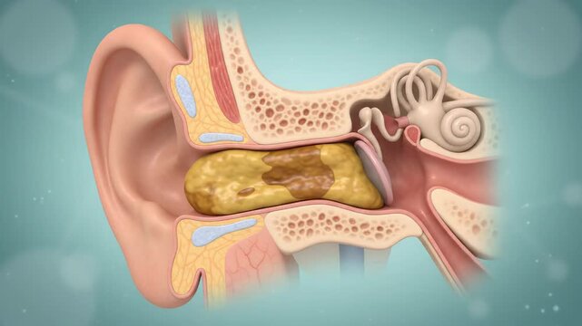 Animated medical cross section of human ear as earwax gradually accumulates inside external auditory canal, hearing anatomy, cerumen buildup and potential blockage