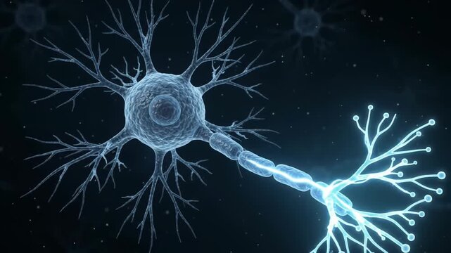 Glowing neuron with branching dendrites and myelinated axon in dark neural network. Scientific animation brain cells, nerve signals and neuroscience