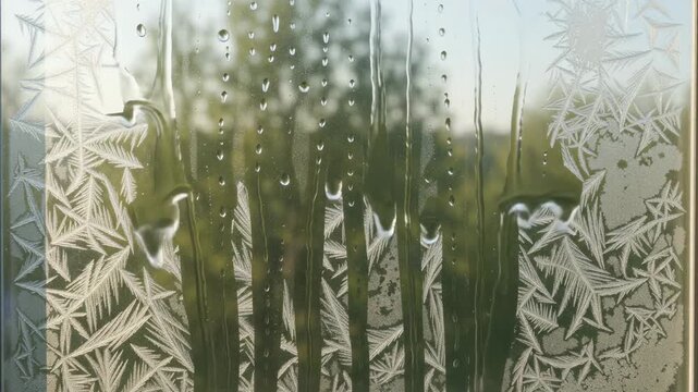 Frost melting on window as ice crystals dissolve into water droplets and run down glass. Winter thaw, cold weather and seasonal transition