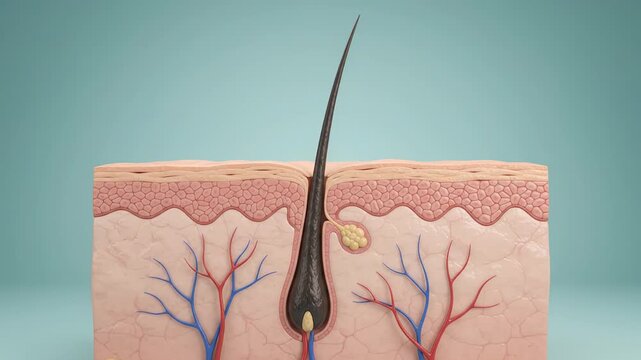Hair follicle growing through skin in medical timelapse animation. Anatomy of hair growth, skin layers and follicle development for dermatology education