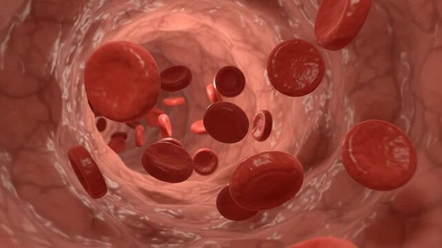 Red blood cells flowing through blood vessel in close up medical animation. Circulation, anatomy and cardiovascular health concept