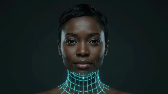 Black person facing camera under glowing cyan digital head scan grid. Futuristic artificial intelligence, facial recognition and biometric data technology