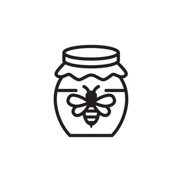 Minimalist bold line icon of a glass jar of sweet honey with a bee icon isolated on white background.