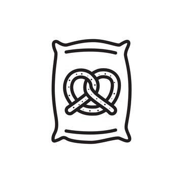 Minimalist bold line icon of a packaged pretzel snack bag isolated on white background.