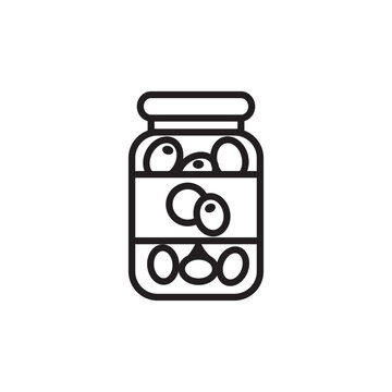 Minimalist bold line icon of a glass jar of pickled olives isolated on white background.