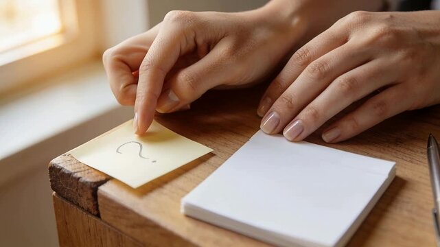 Hands lifting and peeling yellow sticky note with question mark from wooden desk, AI-generated