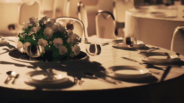 A dining table is prepared with white plates and cutlery. A floral arrangement is placed at the center of the table. The setting is in a banquet hall during evening hours.