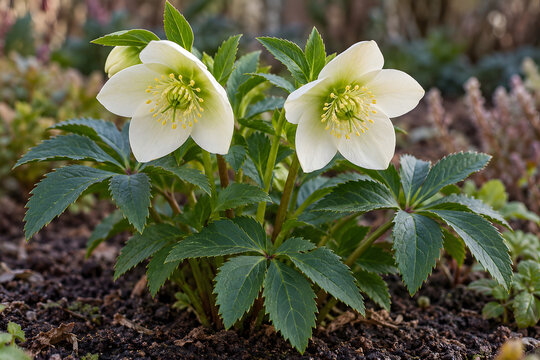 White hellebore flowers nodding above divided evergreen leaves