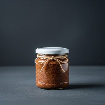 Small glass jar filled with organic homemade almond nut butter or artisanal spice paste, featuring a white lid and twine bow tie, set on a dark gray surface against a blue background.