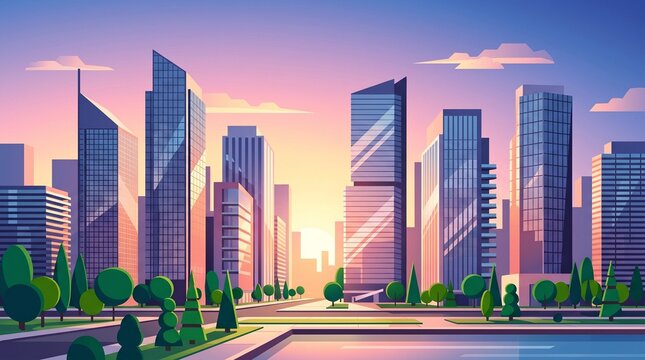 Modern city skyline vector illustration with skyscrapers and green trees at sunset