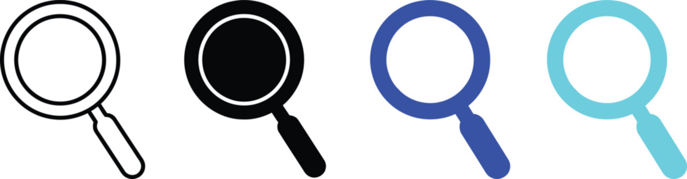 Collection of four distinct magnifying glass style icons in various visual formats with magnifier research analysis interface