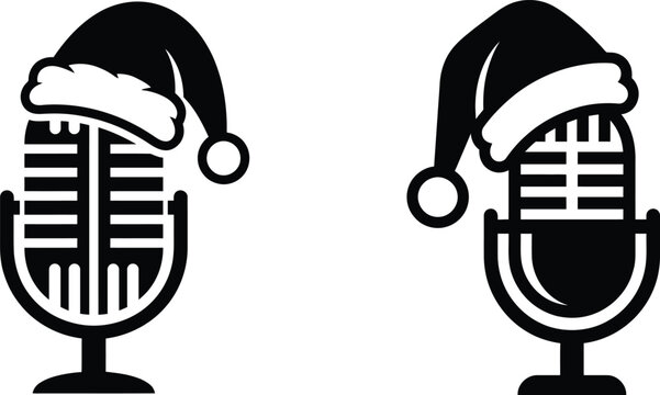Two vintage studio microphones wearing festive holiday santa claus hats on plain white background with microphone