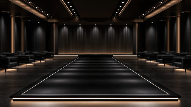 Dark runway stage modern theater interior black podium empty hall luxury venue dramatic lighting symmetrical room spotlight path elegant seating event space