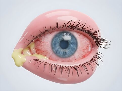 3D Medical Illustration of Red Eye with Conjunctivitis and Yellow Discharge