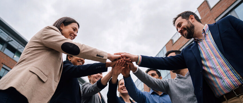 Diverse group of smiling professionals in a medium shot from a low angle upward looking perspective, joining hands in unity