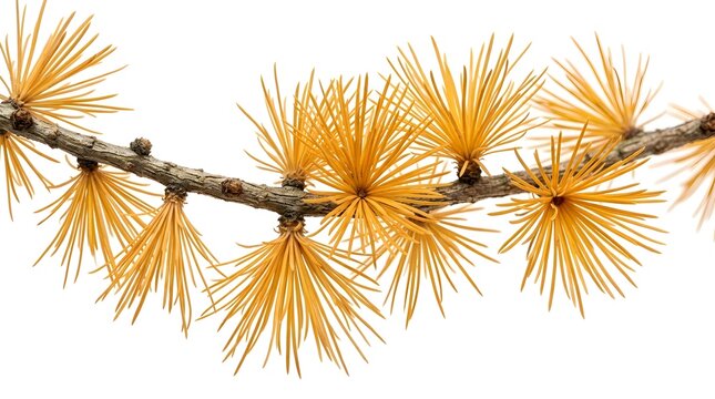 Golden larch branch with yellow needles isolated on a clean white background