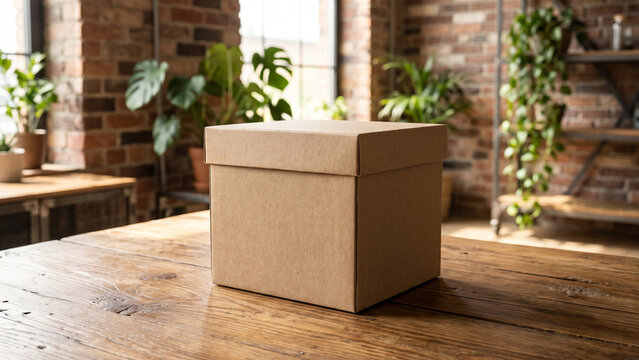 A Closed Cardboard Box on a Wooden Table