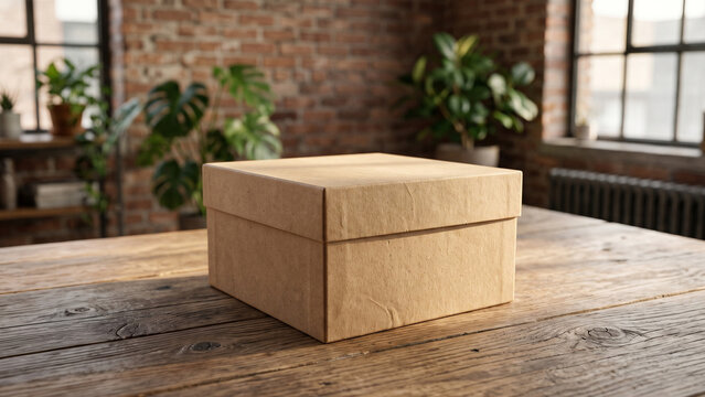 A Closed Cardboard Box on a Wooden Table