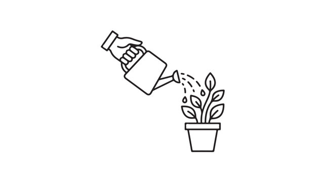 Hand watering potted sapling with garden watering can outline icon in thin black line style for gardening and plant care concept
