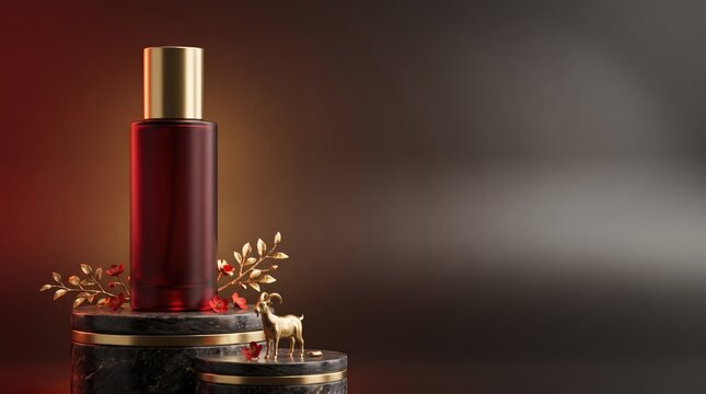 Burgundy cosmetic bottle, gold cap and deer figurine create elegant festive display for 2027 lunar new year, celebrating year of goat and sheep.