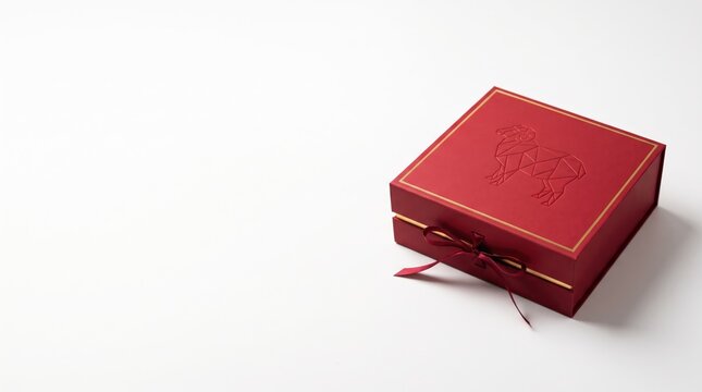 Red gift box with gold trim and ribbon holds goat design for 2027 lunar new year of sheep, celebrating festive tradition.
