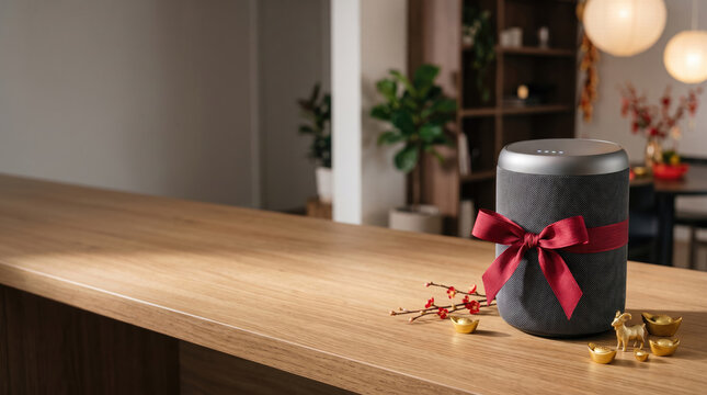 Black speaker with red ribbon, goat figurine, and gold ingot mark lunar new year of sheep 2027 in warm home setting..