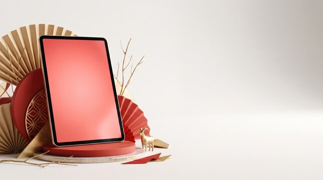 Coral tablet with lunar new year goat and sheep decor welcomes 2027 in festive display with warm light and copy space.