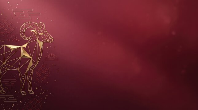 Geometric gold goat profile, lunar new year 2027 greeting card background celebrates year of goat and sheep with elegant red space for text.