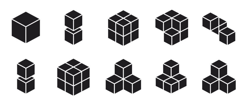 Geometric cube composition styles. Abstract modular block arrangements isolated on white background. Single, double, triple, quadruple, five-unit cube combinations. Minimalist design for logos,.