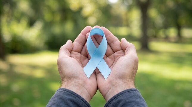 Hands holding a light blue awareness ribbon for prostate cancer support