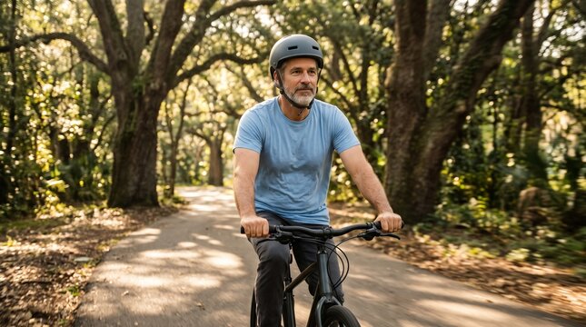 Active senior man cycling on a bicycle path in a park