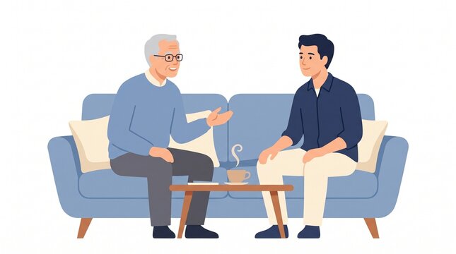 Senior man talking to a young man sitting on a sofa
