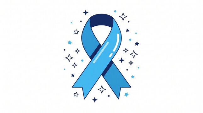 Blue awareness ribbon with decorative stars isolated on white background