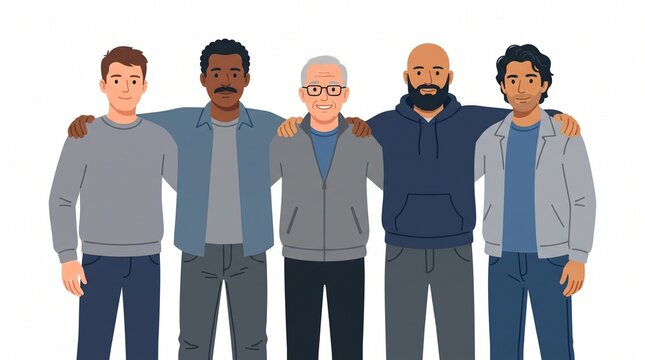 Diverse group of men standing together with arms around each other in unity and friendship
