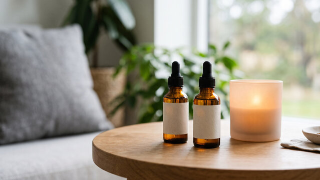 Essential Oils and Salt Lamp on Wooden Table