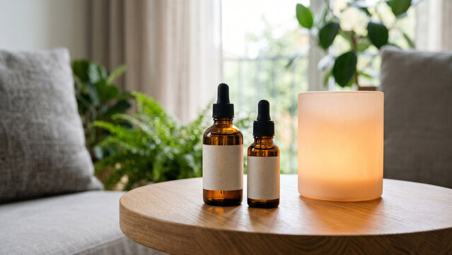 Essential Oils and Salt Lamp on Wooden Table